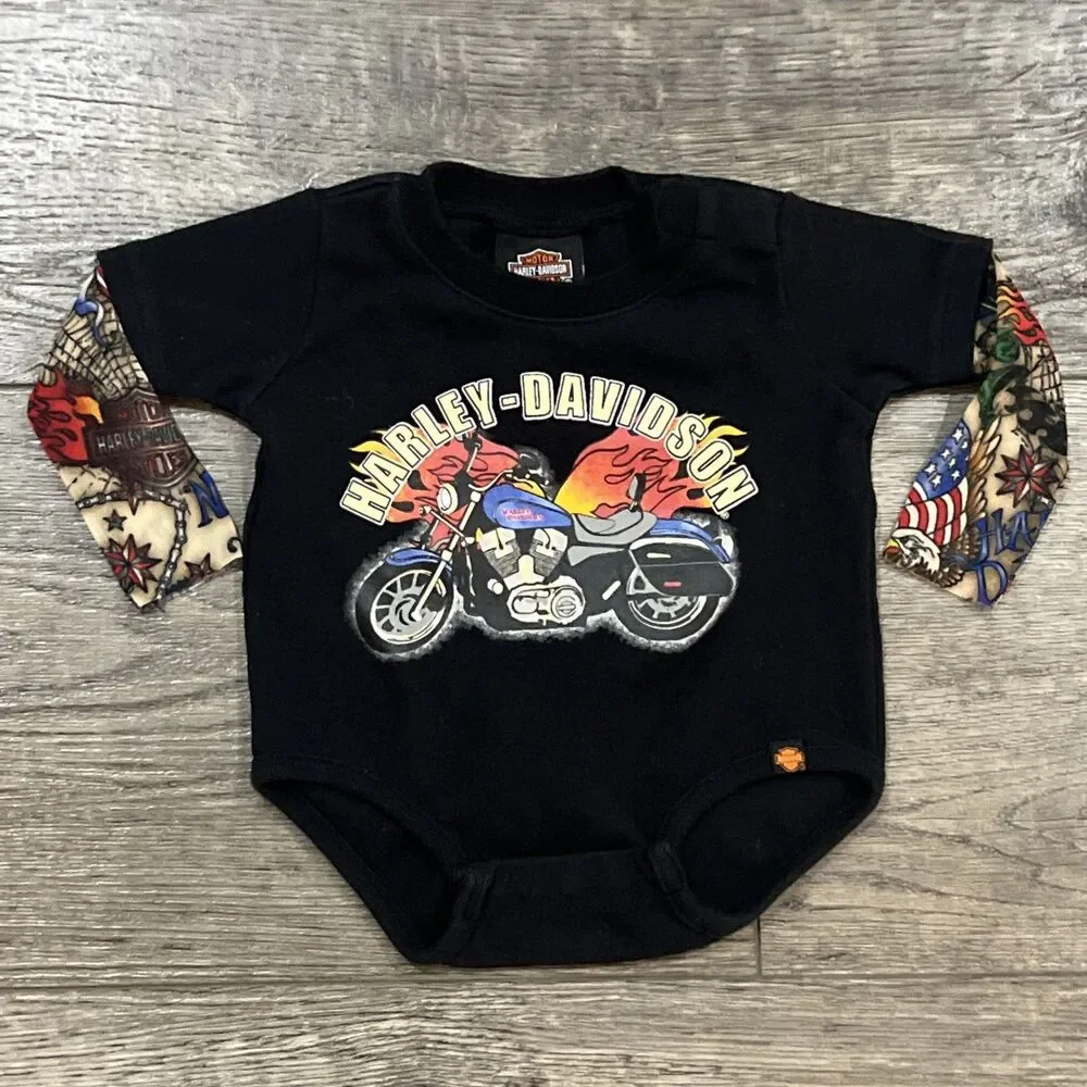 Harley Davidson Baby Romper Bodysuit w /Tattoo Arm Sleeves Size 0-3 Months